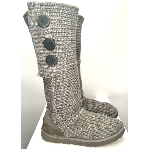 UGG Australia Womens Boots Cardy Wool Cable Knit Tall Foldable Button Gray Sz 7 - Picture 6 of 15
